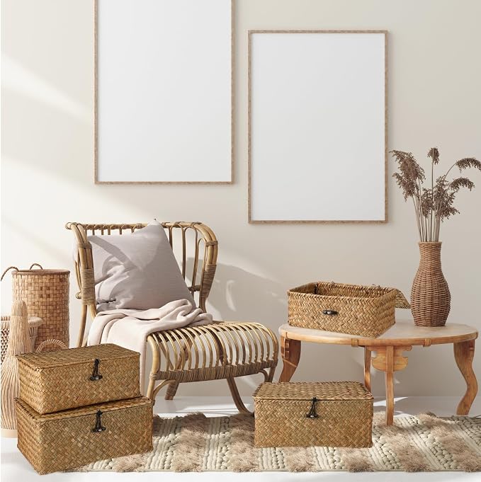 Woanger Set of 4 Wicker Baskets with Lids, Nautral Seagrass Storage Baskets, Woven Rectangular Basket Bins, Rattan Storage Organizer for Shelf Closet Bedroom(Orange) - Image 5