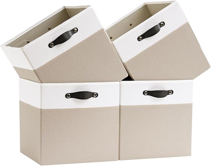 Cube Storage Bins | 13"x15"x13", Beige & White, 4 Pack | Multi-Size | 2X Thick Support Board | Vegan Leather Handles | 7.7 oz/yd² Fabric | Drawer Insert Basket Fits KALLAX by FABINADO