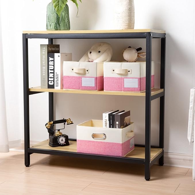 Fodable Storage Bins for Closet [3-pack] Decorative Fabric Storage Baskets Cubes with Leather/Metal Handles for Shelves Bedroom Living Room Pink&Cream (11.5x8.5x6.7 Inch) - Image 2
