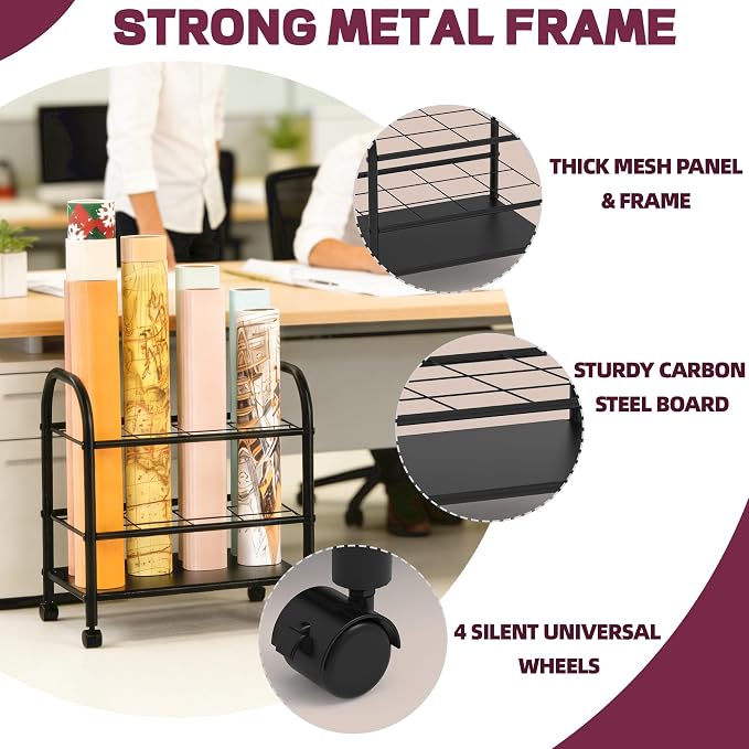 Blueprint Storage Holder with Wheels – 12-Slot Metal Roll File Rack with Silent Casters & Brakes for Blueprints, Wrapping Paper, Posters, Maps – Mobile File Cart for Office & Home (Black) - Image 4