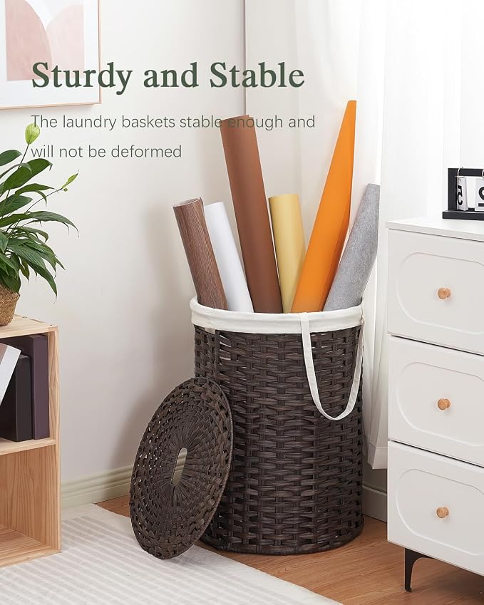 SETVSON Laundry Basket with Lid Round Rattan PE Laundry Hamper, Brown | 110L Large Woven Basket with Lid, Removable Washable Liner Bag, 2 Mesh Laundry Bags, Side Handles for Easy Carrying - Image 6