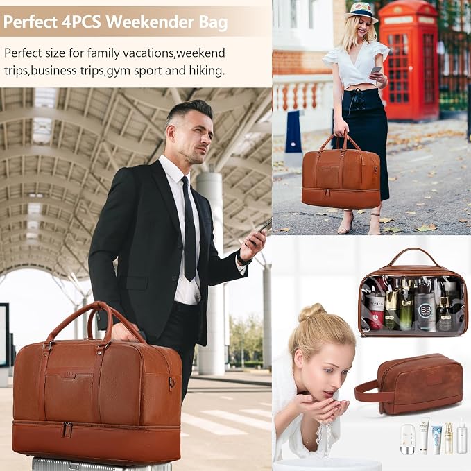4-in-1 Waterproof Faux Leather Overnight Travel Bag for Women Men | Hospital Gym Weekender Bag Carry On Personal Item Travel Duffel Bags with Shoe Compartment Toiletry Bag Fit 21" Laptop - Image 2