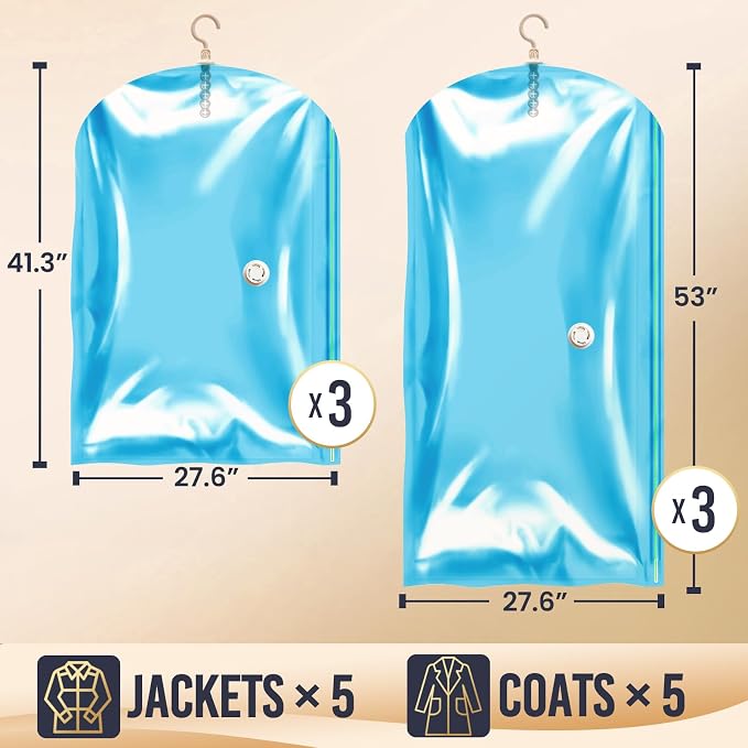 TAILI Hanging Vacuum Storage Bags for Clothes Space Saver 6 Combo Blue | Vacuum Seal Bags for Clothing Travel, Winter Clothes Storage Closet Organizers, Garment, Coats, Suits and Jackets - Image 2