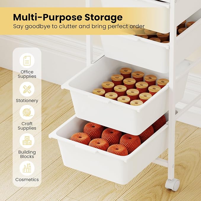 Rolling Storage Cart with 4 Drawers, Plastic Craft Organizer on Wheels with Wooden Top, Mobile Art Supply Utility Cart for Classroom, Home, Office - Image 4