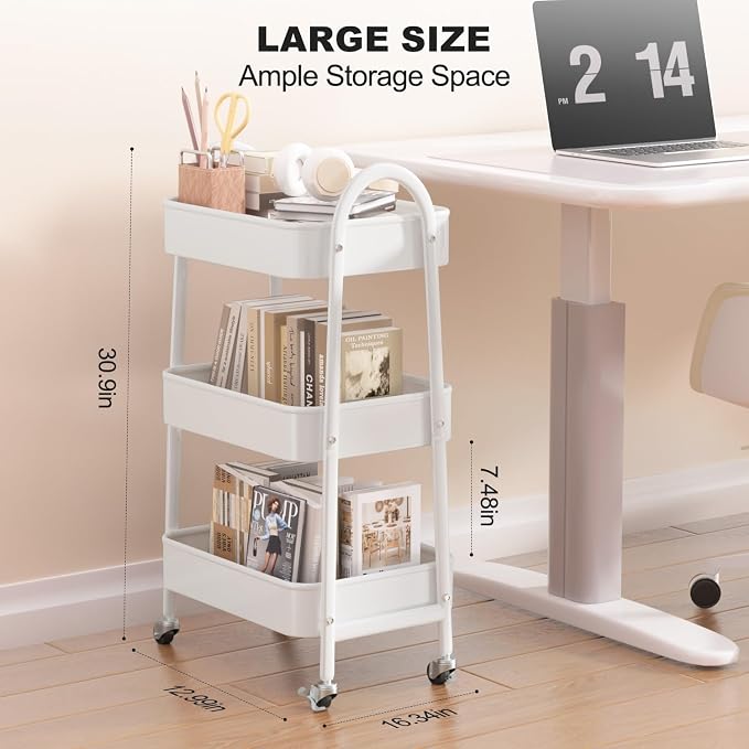 3 Tier Rolling Cart Under Desk, Large Metal Storage Cart with Handle and Lockable Wheels, Big Multifunctional Storage Organizer Trolley for Kitchen, Living Room, Office, Garage (White) - Image 2