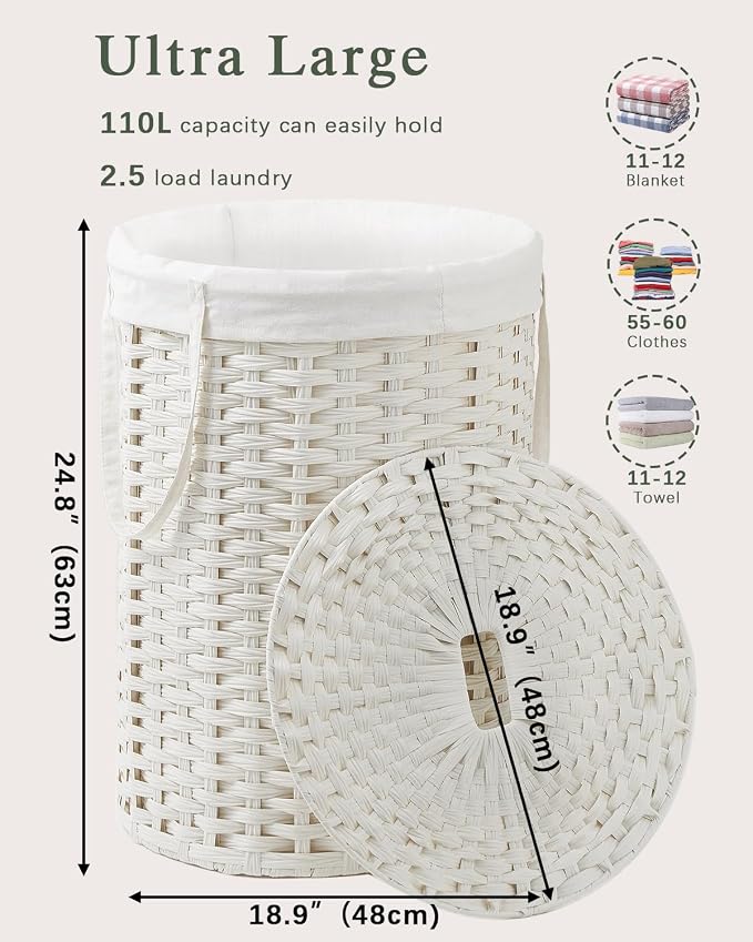 SETVSON Laundry Basket with Lid Round PE Rattan Laundry Hamper, White | 110L Large Woven Basket with Lid, Removable Washable Liner Bag, 2 Mesh Laundry Bags, Foldable Long Side Handles Versatile - Image 4