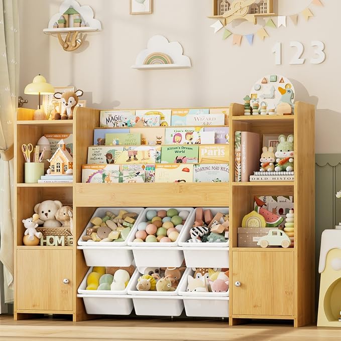 Toy Storage Organizer with 6 Toy Bins & 4 Tier Kids Bookshelf | Toy Organizer with 6 Cubbies, Kids Toy Organizers and Toy Storage with Bins, Playroom Storage and Toy Chest by finetones