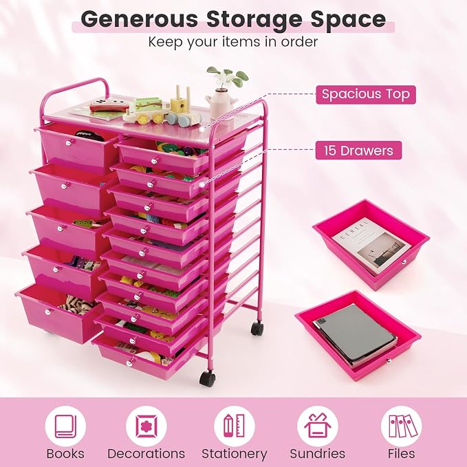 GOFLAME 15-Drawer Rolling Storage Cart, Craft Storage Cart with Removable Drawers & Lockable Wheels, Art Cart Supply Storage Organizer for Home Office Classroom, Hot Pink - Image 4