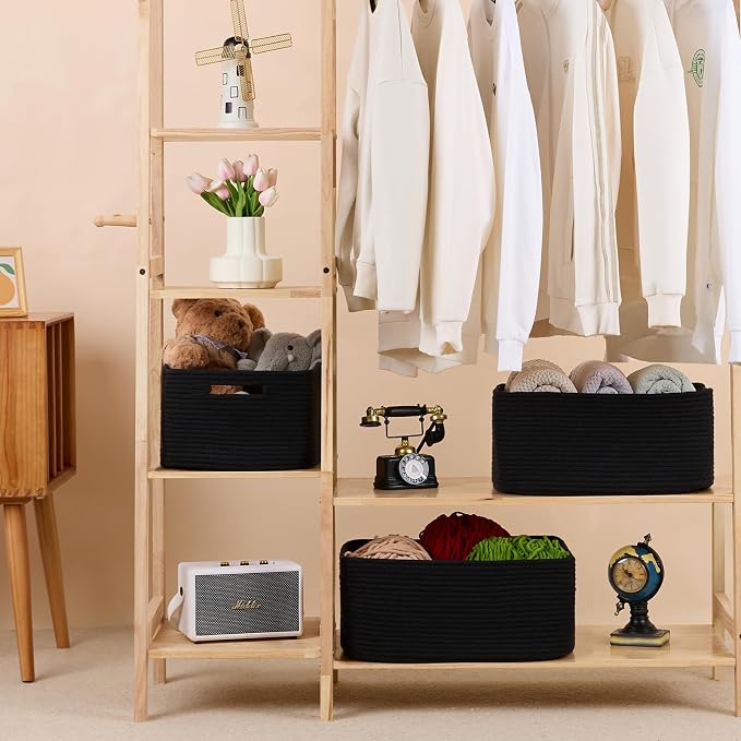 MiniArk Large Storage Baskets for Organizing, 17 x 13 x 7.5” Closet Shelf Baskets for Clothes Blanket Towels, Baby Nursery, Toy Bins Box, Woven Rope Baskets, 4 Packs Black - Image 3