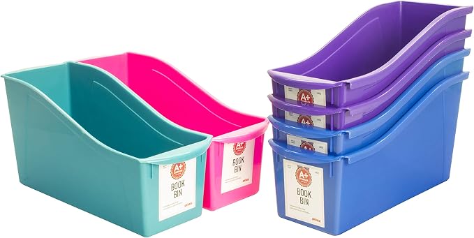 Storex Large Book Bin, Interlocking Plastic Organizer for Home, Office and Classroom, Assorted Teen Colors, 6-Pack (71141T06C) by Storex