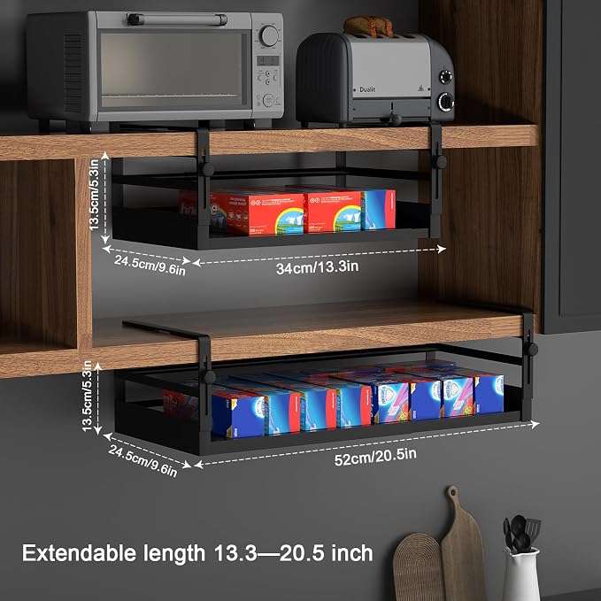 AmonHouseware 2Pack Expandable Under Shelf Storage Basket Organizer,Black | Adjustable Hanging,Length Stretchable13-21Inch,Under Cabinet Shelf for Laundry Room Kitchen Pantry Desk Counter Cupboard - Image 2