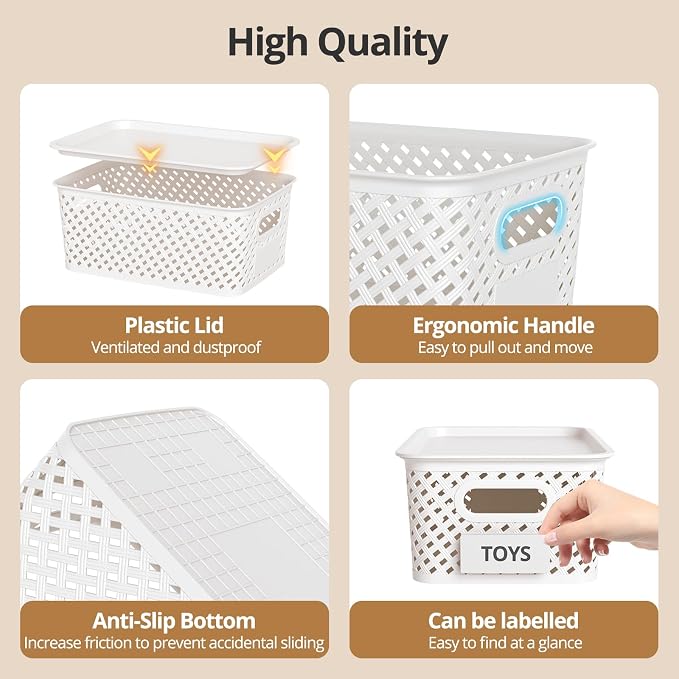 Plastic Storage Bins with Lid, Stackable Small Box Basket for Organizing and Containers for Shelves Drawers Desktop Closet Playroom Pantry Classroom Office Home, 8-pack 10.2x7.2x4.1 Inch, White - Image 3