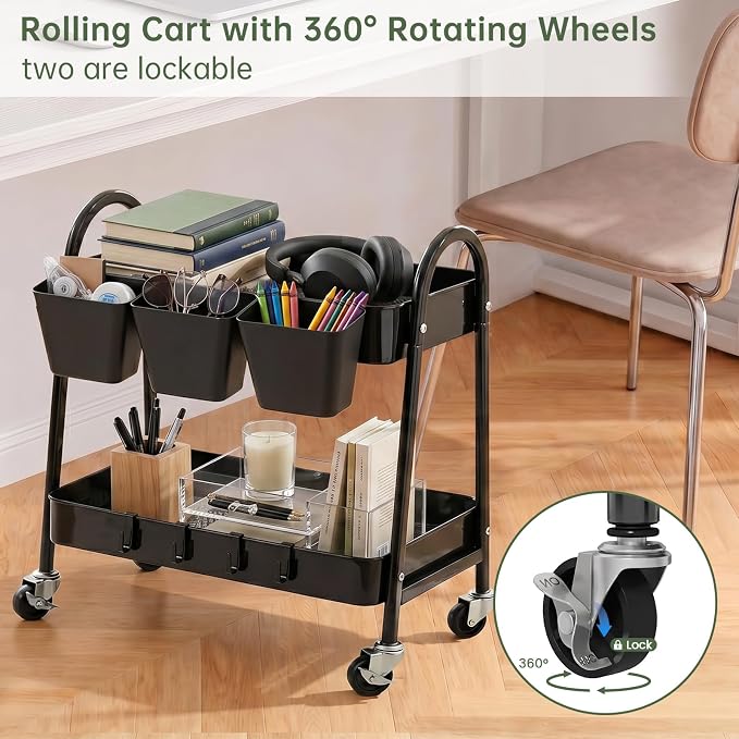 danpinera 2-Tier Rolling Cart, Utility Cart Mobile Metal Rolling Storage Cart with Lockable Wheels & Hanging Cups & Hooks for Kitchen, Bathroom, Office, Workshop, Purple - Image 4