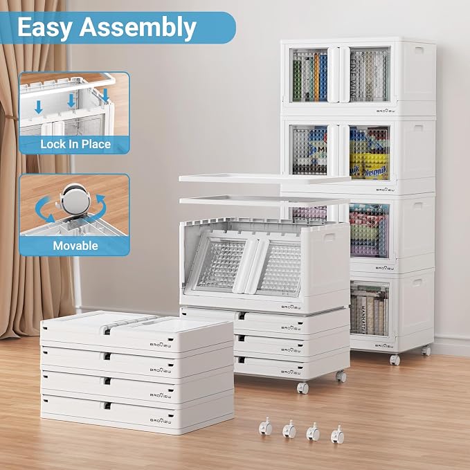 BROVIEW 400Qt Stackable Storage Bins with Lids, 100Gal Closet Organizers and Storage Drawer, Plastic Collapsible Storage Bins with Doors, Heavy Duty Store Box Cabinet for Home Kitchen, 4Pack White - Image 2