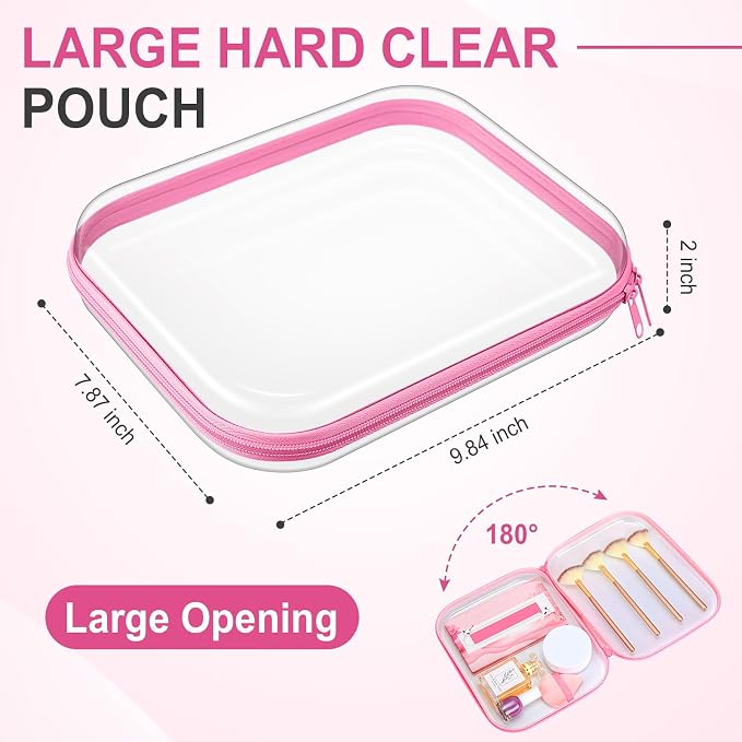 Sanwuta 6 Clear Hard Zipper Case,Pink,9.84 X 7.87 X 2 Inch | Pencil Case Pouches ,Makeup Bag,Plastic Toiletry Diaper Bag ,Travel Toy Storage,Waterproof Organizer Bins - Image 2
