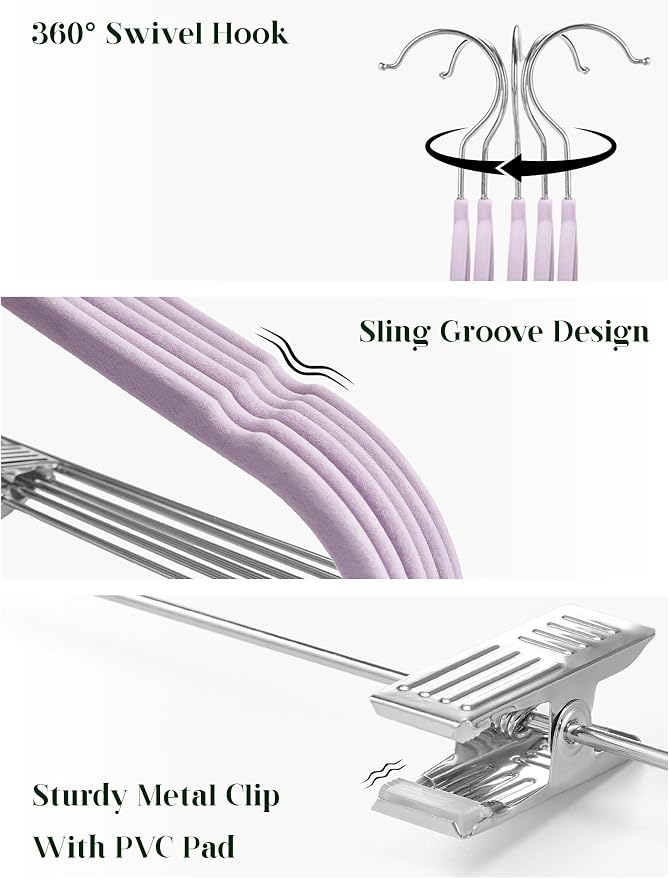 Cozymood Velvet Skirt Hangers 24 Pack, Pants Hangers with Clips - Purple | Ultra Thin Non Slip Pants Hanger, Space Saving Clothes Hanger With Clips for Pants, Skirts, Jeans, Shorts - Image 3