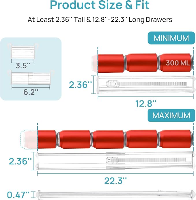Vtopmart 2.36" Drawer Dividers with Expandable Inserts, 12.8"-22.3", 8 Pack | Adjustable Kitchen Drawer Organizer, Clear Organizer Separator for Flatware, Utensil, Cutlery, 8 Dividers with 14 Inserts - Image 7