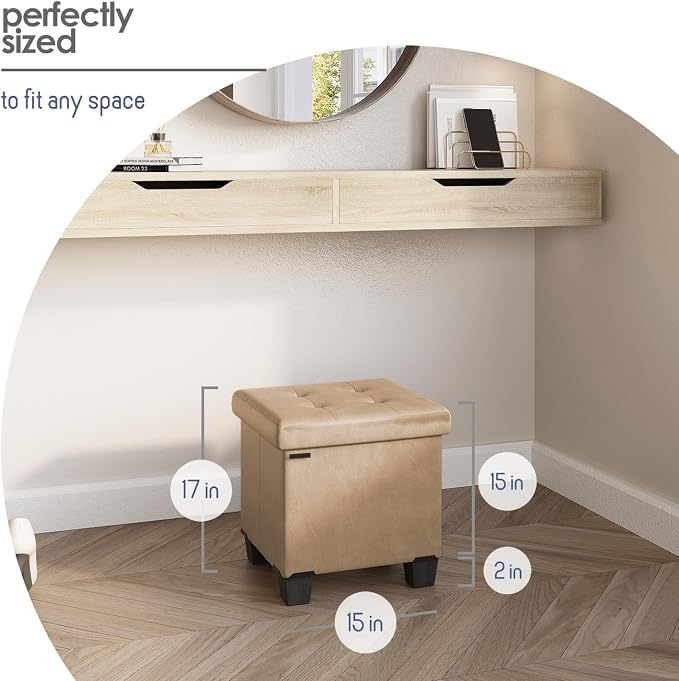 Storage Ottoman Cube with Small Bin, 15-in Square Ottoman with Storage for Living Room and Bedroom, Small Ottomans Foot Rest, Leather Foot Stools Ottomans Max 330lbs, Taupe - Image 8