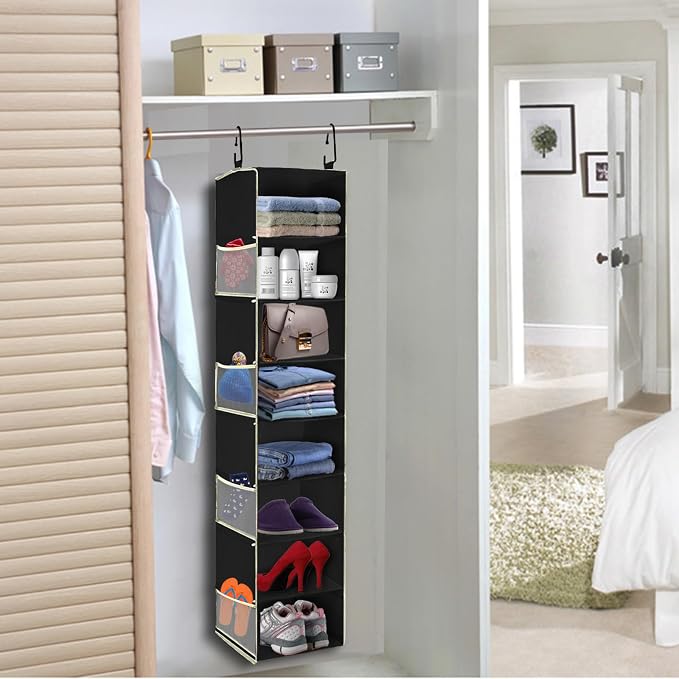 Large-Sized Hanging Shoe Organizer 8-Shelf, Hanging Closet Organizer with 8 Side Pockets, Wider Hanging Shelves for Storage Shoes Clothes 9" W × 11.8" D× 48" H, Black. - Image 2