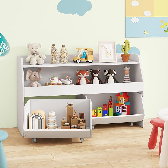 Costzon Toy Storage Organizer for Kids, Toy Cabinet w/ 2 Rolling Drawers, Lockable Wheels, Open Shelf & Anti-toppling Kit, Toddler Toy Shelf for Playroom, Kids’ Room, Nursery, Daycare (White) - Image 8