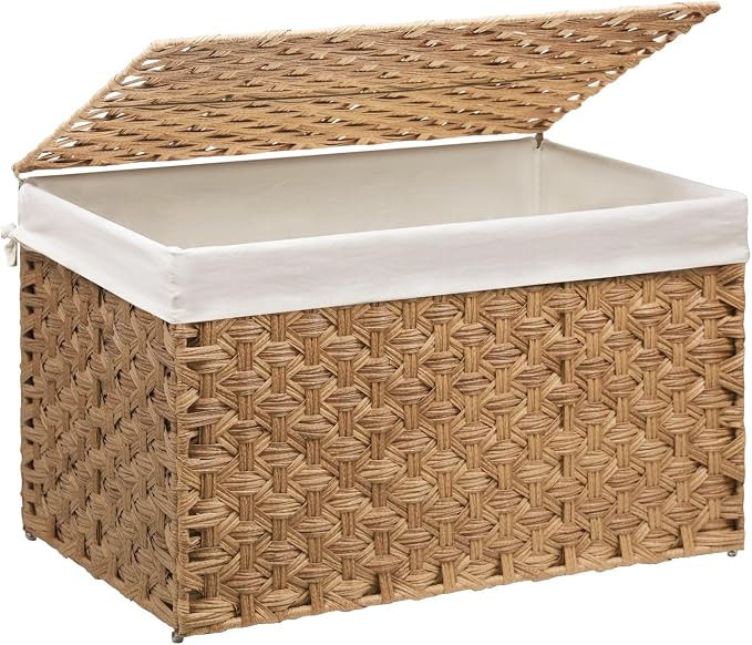 Wicker Storage Basket with Lid, 42.3 Gallon (160L) Large Blanket Basket with Lid, Woven Storage Bin with Handles, Removable Liner, Metal Frame, Foldable, for Bedroom, Laundry Room, Natural by MOORLITER
