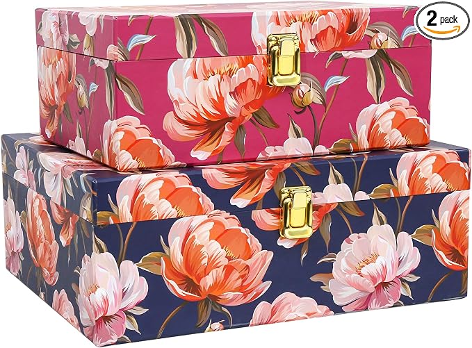 2-Piece Decorative Keepsake Storage Boxes with Lids, Bold Peony Floral Design in Berry Pink & Deep Navy, Cardboard Memory Boxes with Elegant Gold-Tone Accent, Stackable Home Décor Storage by MIZFRUZZY