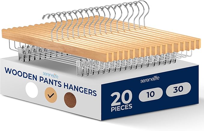 SereneLife Skirt and Pant Hanger, Premium Wooden, Natural, 20 Pack | Adjustable Non-Slip Steel Clips, Premium Wooden, 360° Swivel Hook, 10 lb Capacity, Space-Saving Heavy-Duty by SereneLife