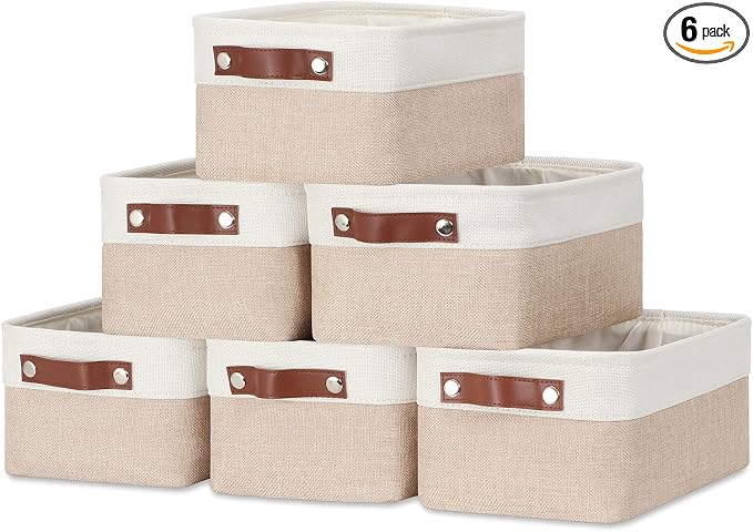 DULLEMELO Small Storage Bins, Storage Baskets for Organizing, Collapsible Rectangular Fabric Baskets for Shelves, Closets, Nursery, Home, Office, Empty Gift Baskets (6-Pack, White&Khaki) by DULLEMELO