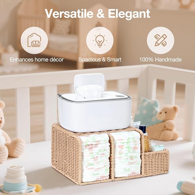 Diaper Caddy Organizer, Hand Rattan Nursery Storage Basket for Baby Essentials, Baby Changing Table Organizer Perfect Nursery Assistant - Image 2