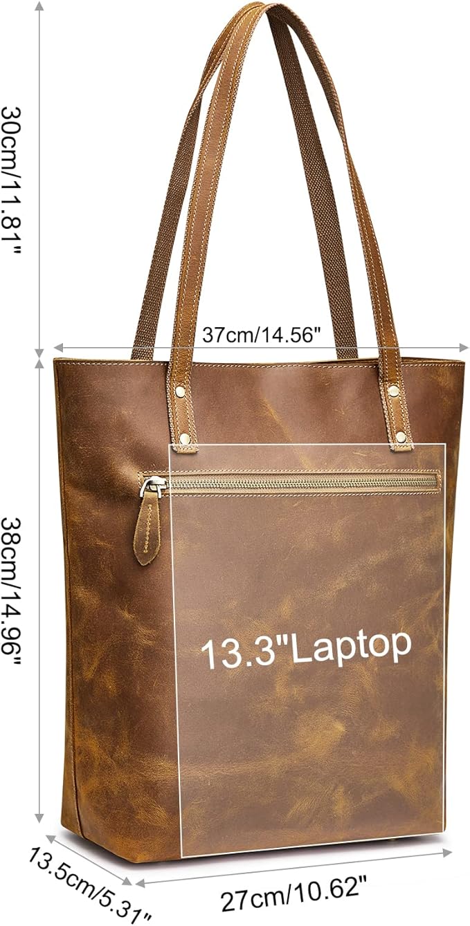 S-ZONE Leather Tote Bag for Women Work Handbag with Luggage Sleeve | Top Grain Genuine Leather, Padded Laptop Compartment, Multi Pockets, Large Retro Purse, Travel Everyday - Image 3
