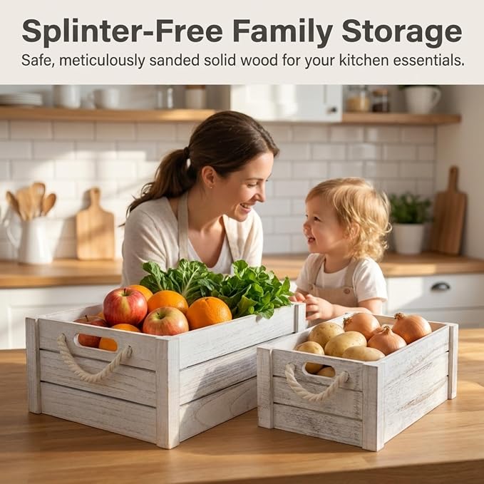 Set of 3 White Wooden Crates with Rope Handles, Nesting Decor Storage Boxes | Rustic Farmhouse Organizer for Kitchen, Living Room, Bathroom, or Pantry. Nesting Design Keeps Shelves Tidy. - Image 9