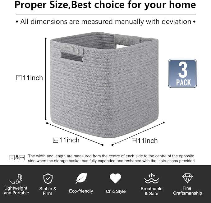 OIAHOMY Storage Cubes 11 Inch Bins-3-Pack, Cotton Rope Woven Baskets for Organizing, Square Storage Baskets for Shelves, Classroom, Kids Toy Bins, Closet, Baby Nursery-Grey - Image 3