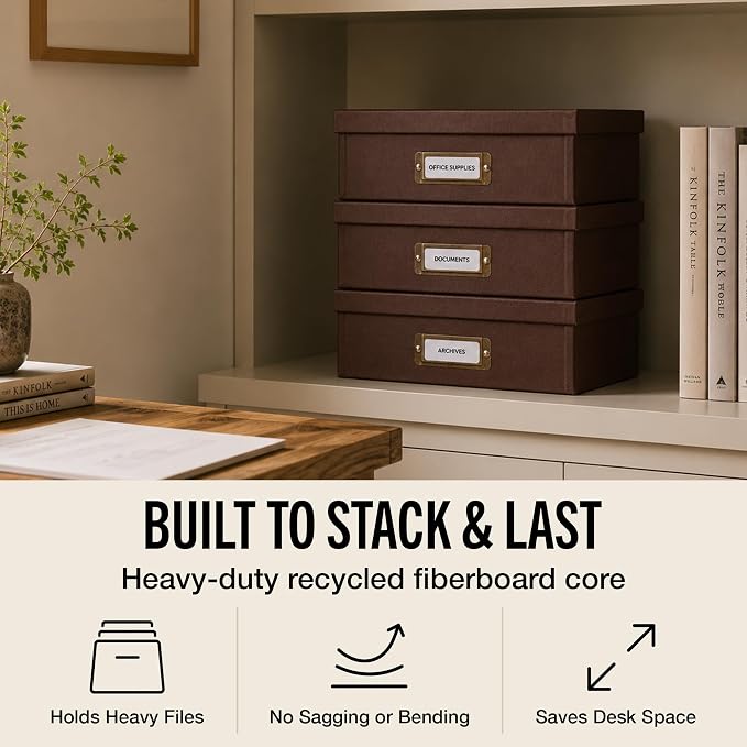 Bigso Oskar Fiberboard Document Storage Box with Lid for A4 and Letter Size Papers - Stylish, Sturdy, and Stackable Keepsake Box with Label Holder - W10.2in x D13.8in x H3.3in - Recycled Leather - Image 3