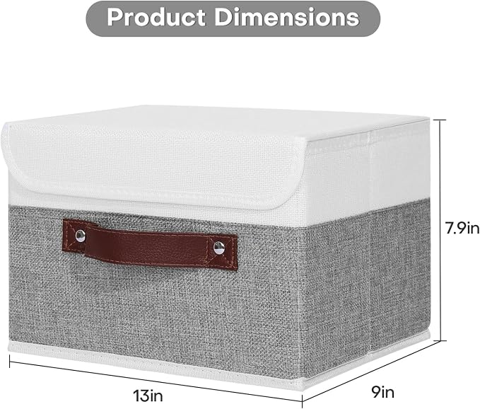 ANMINY Fabric Storage Box Bins with Lids, Gray White, 13"x9"x7.9" | Keepsake Memory Storage, Cotton Linen, PP Board Reinforced, Washable, PU Handles, Foldable & Stackable, Decorative, Medium - Image 2