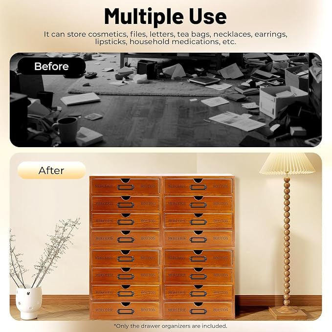 Vintage Wooden Drawer Organizer with 16 Drawers, 4-Tier Stackable Desktop Storage Box for Office, Home, Craft Supplies – Compact Space-Saving Design, Sturdy Pine Wood Construction, Built-In Label - Image 5