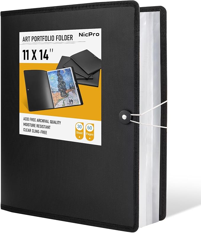 Nicpro 11x14 Art Portfolio Folder, 30 Pockets Display 60 Pages Art Painting Portfolio Binder with Clear Plastic Sleeves, Presentation Storage Book for Artists Artwork Drawing - (Black) by Nicpro
