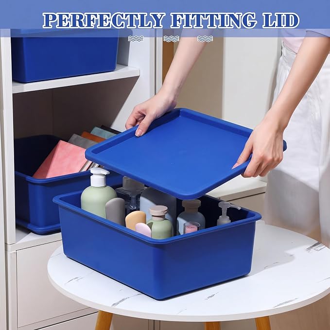4 Pcs Storage Bins with Lids, Dark Blue, Light Blue, Large | Plastic Stackable Organizing Containers, Heavy Duty Storage Boxes for Classroom Room Shelves, Christmas Ornaments Baskets - Image 6