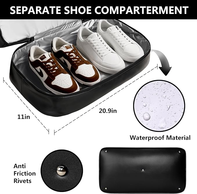 Large 4-in-1 Leather Duffle Bag for Travel Weekender Overnight Hospital Gym Bag for Men & Women, Carry On Airline Approved Personal Item Duffel Garment Bag Luggage with Shoe Compartment & Toiletry Bag - Image 8