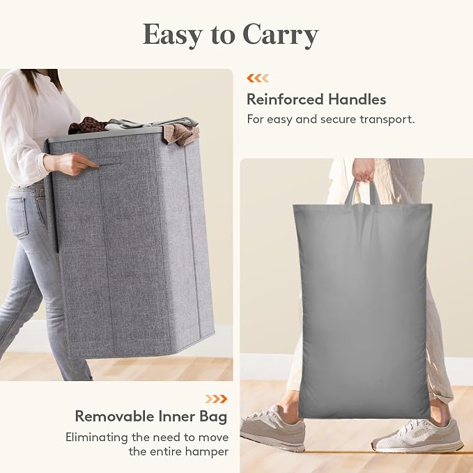 Lifewit 185L 3 Section Laundry Hamper with Lid, Laundry Basket, Light Gray | Large Foldable Laundry Sorter with 3 Removable Bags, Tall Clothes Hamper for Bedroom and Bathroom - Image 7