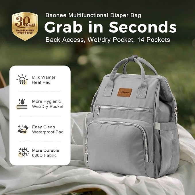 Diaper Bag Backpack with Wet/Dry Pocket, Changing Pad, 27L Grey | 14 Pockets, 3 Insulated Bottle Pockets & Rear Opening for Organizing, Stroller Straps & Luggage Sleeve for Travel - Image 2