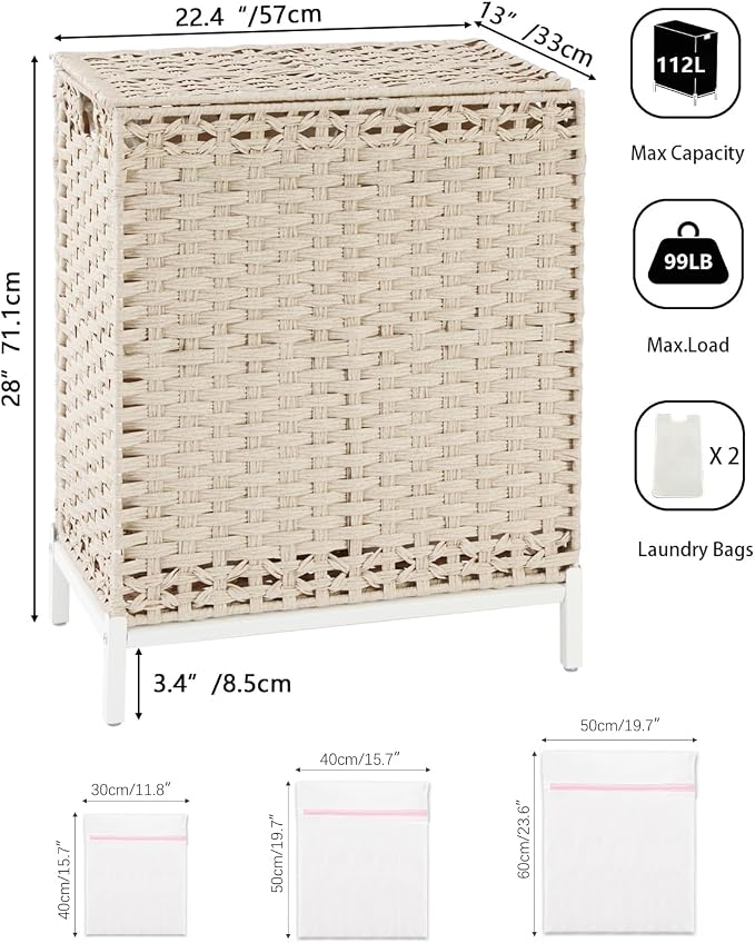 SETVSON Laundry Hamper with Lid, Wicker Laundry Basket, 112 L, Light Khaki | Handwoven PE Rattan, 2 Removable Liner Bags, Metal Heightened Feet, 6 Mesh Bags, Clothes Hamper for Bathroom Bedroom - Image 5