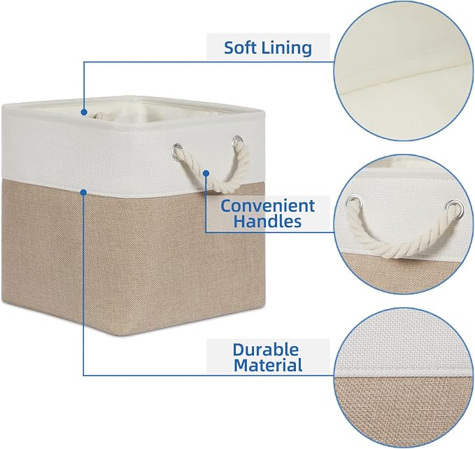 Temary Cube Storage Bins 11 x 11 Fabric Storage Baskets 4 Pack Storage Cubes Baskets for Gift Empty, Cube Organizer Bins Cloth Basket for Storage (White&Khaki) - Image 3