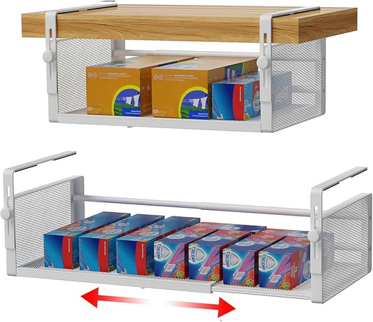 AmonHouseware 2Pack Expandable Under Shelf Storage Basket Organizer, White | Adjustable Hanging,Length Stretchable14.9-22.6Inch,Under Cabinet Shelf for Laundry Room Kitchen Pantry Desk Counter Cupboard by AmonHouseware