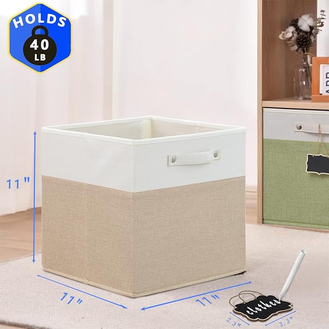 storage cubes 11x11x11Set of 4,Foldable Fabric Storage Cubes with Labels,Linen Cube Storage Organizer Bins Kallax Storage Cubes for Organizing Shelves Cabinet(White Khaki). - Image 4