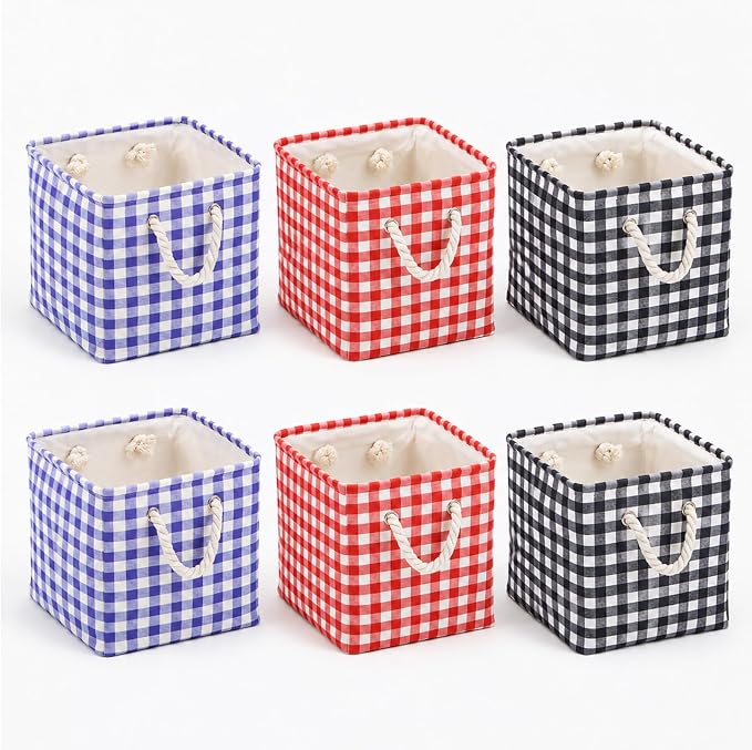6 Pack Gingham Storage Bins, 11 Inch Cube Fabric Storage Baskets | Foldable Fabric Cube Baskets with Reinforced Handle,Checkered Classroom Storage Bins, for Shelves, Closets, Room Organization by Geiserailie