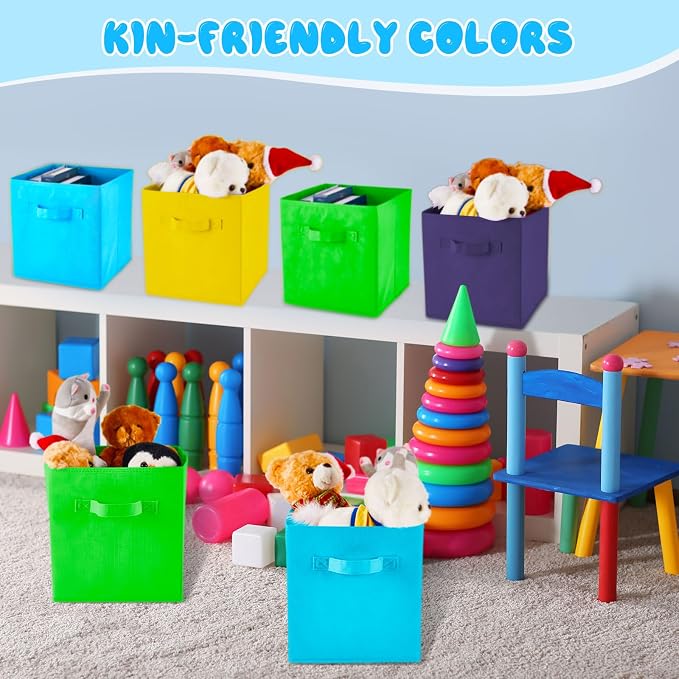 Yinder 12 Pcs Cube Storage Bin 10.5''x10.5''x11'' Storage Bins for Playroom Decor Colorful Bins for Kids Foldable Baskets for Nursery Organizer Boxes Fabric Boxes (Sky Blue, Green, Yellow, Dark Blue) - Image 3