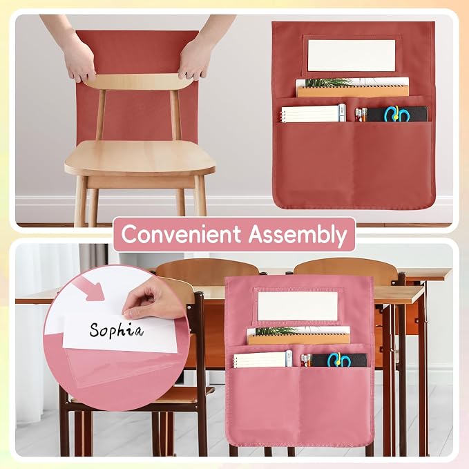 gisgfim 12 Pcs Chair Pockets for Classroom 16.7 x 19.3 Inch s with Name Tag Chairback 3 Pockets Chairs Seat Back Organizer for Elementary School Daycare Home Supply (Groovy) - Image 5