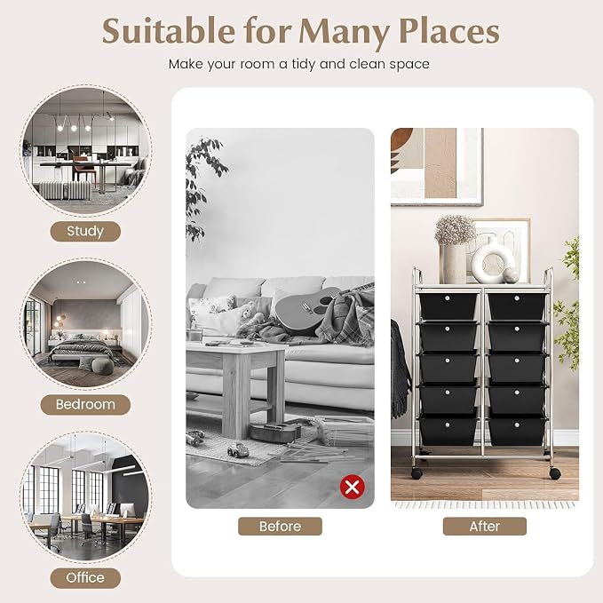 10 Drawer Rolling Cart, Storage Cart Organizer on Wheels, Drawer Cart with Metal Frame & Large Storage Capacity, Rolling Cart with Drawers for Living Room Classroom, Office - Image 6
