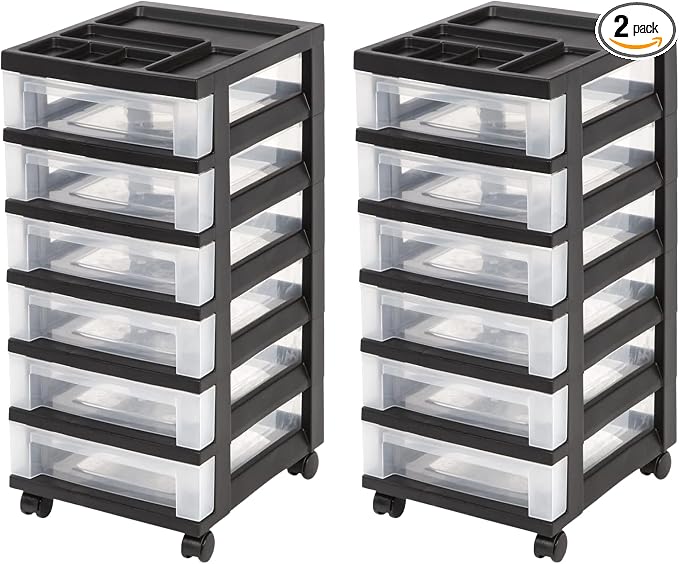 IRIS USA 2 Pack 6-Drawer Plastic Storage Rolling Organizer Cart with Caster Wheels for Laundry Room, Bathroom, or Closet Dresser Storage, Black/Clear by IRISUSA