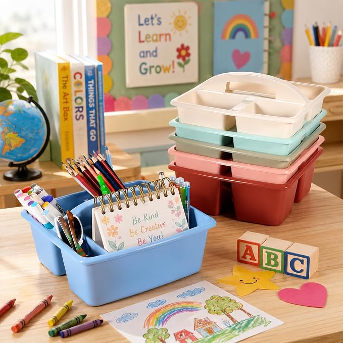 gisgfim 12 Pack Classroom Caddy with Handle Plastic Storage Caddy Organizer with 3 Compartments Desk Caddies Holder Portable Storage Bin for Pencil, Crayon, Marker, Home, Office, School Supply(Retro) - Image 4